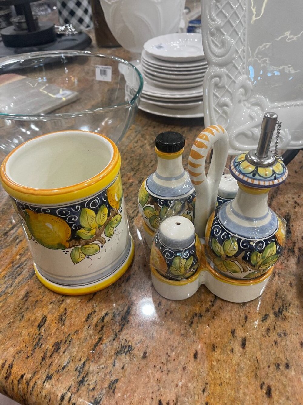 Vintage Handmade Rampini Italy Majolica Lemons Ceramic Cruet Set & Wine Cooler
